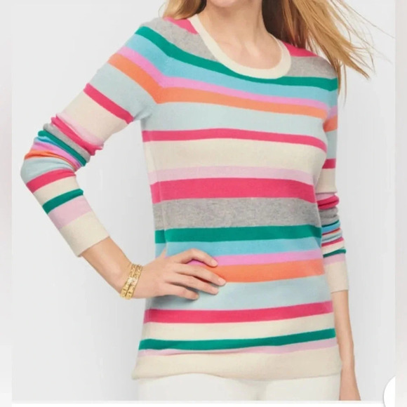 Talbots Women's 100% Cashmere Classic Multi Color Stripe Crewneck Sweater Small - Picture 1 of 8